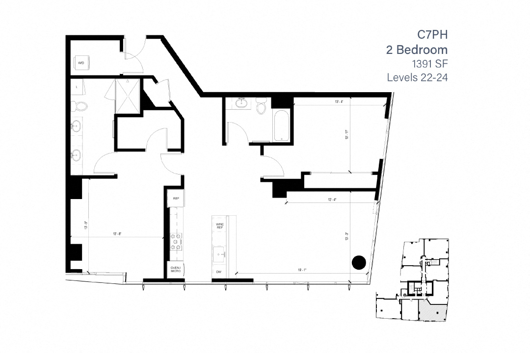 Floor plan for 2 beds, 2 baths, 1391 sqft